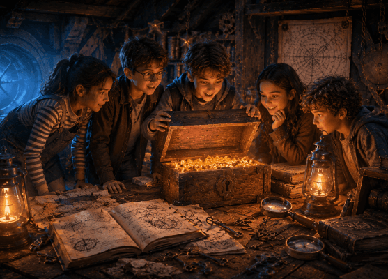 Grupo de niños descubriendo un cofre del tesoro en El Tesoro de Aurora, escape room infantil en Madrid.