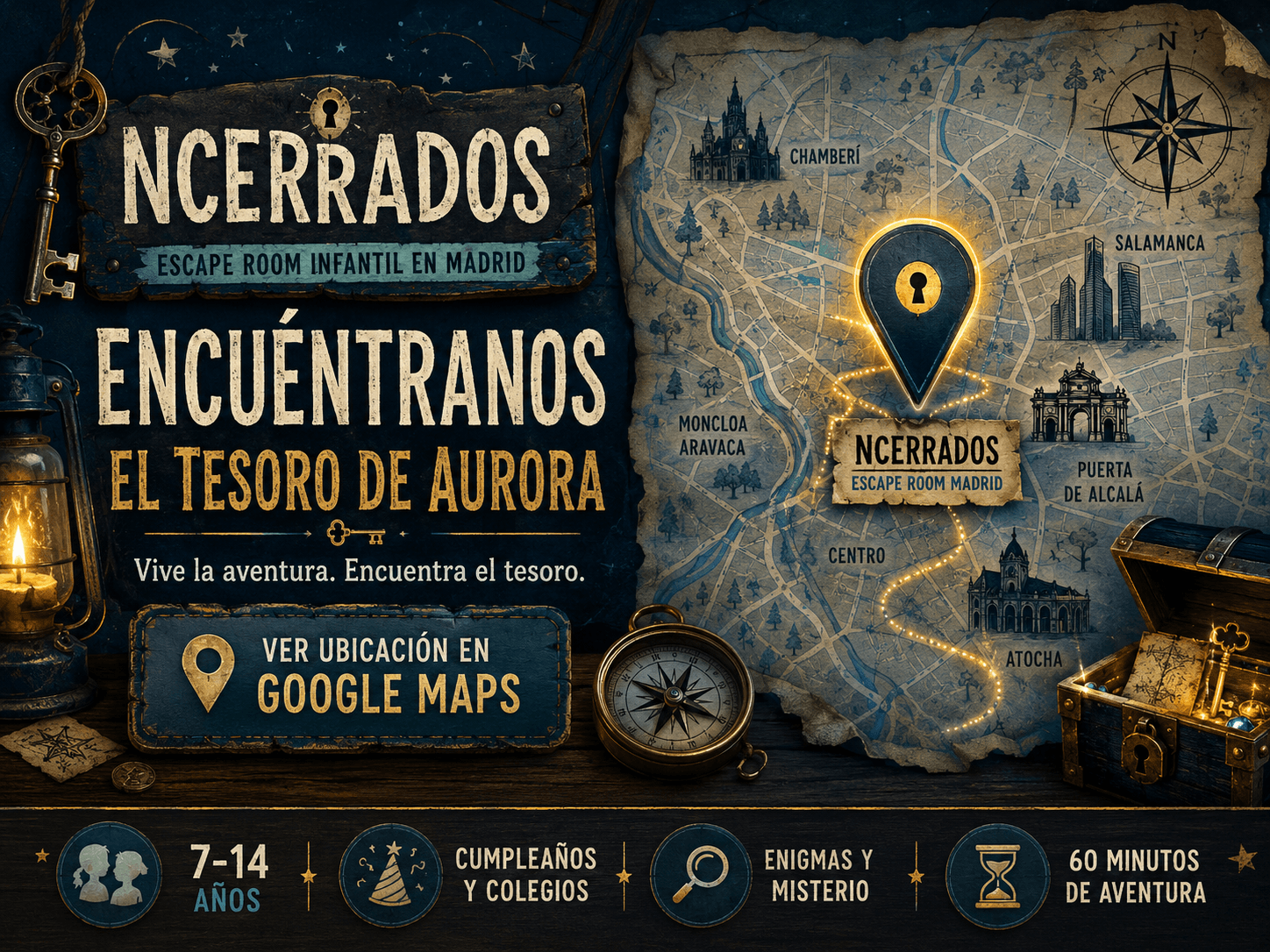 Escape room infantil Madrid El Tesoro de Aurora con mapa, cofre y aventura de misterio para niños
