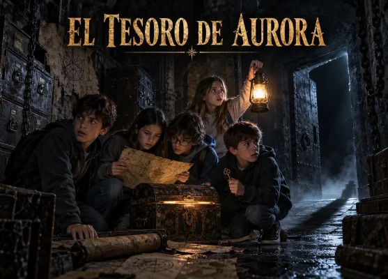 Niños buscando un cofre en El Tesoro de Aurora, escape room infantil en Madrid